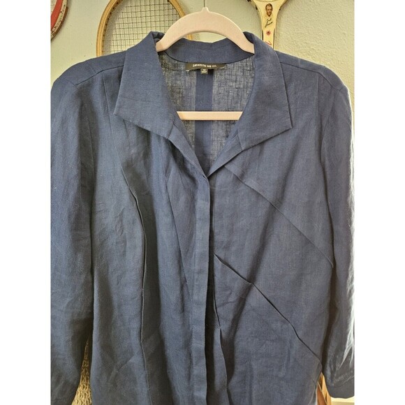 Lafayette 148 Navy Linen Pintuck Button Front Blouse Size 14 Unique - Picture 3 of 9